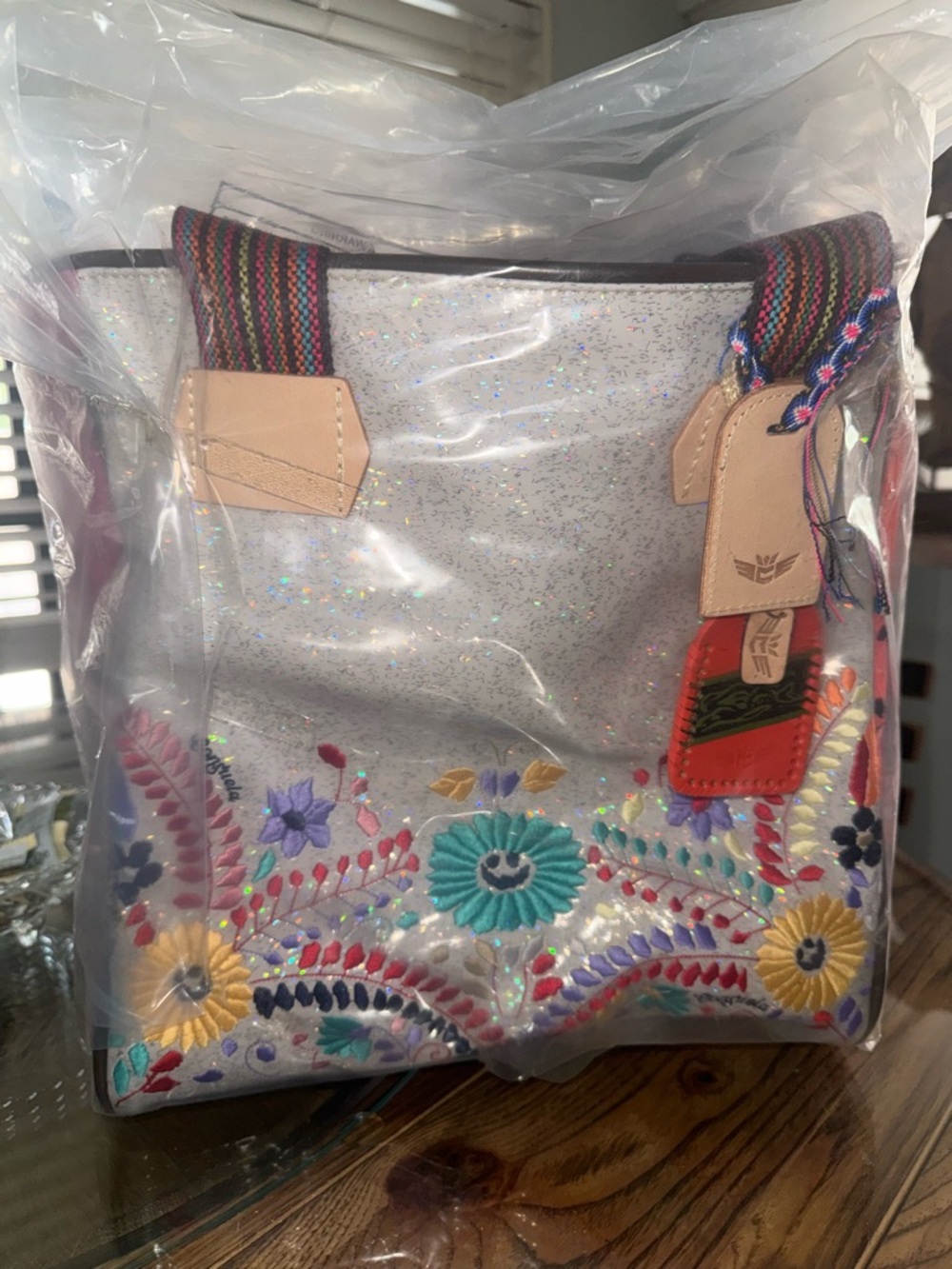 Gorgeous Consuela Multi Color Holographic Glitter Tote with Striped Handles - Picture 5 of 13